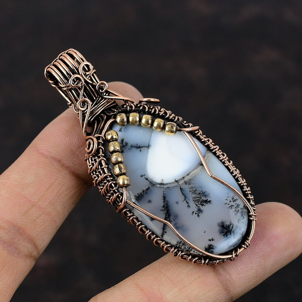 Christmas Sale Copper Dendrite Opal Gemstone Wire Wrapped Mother Pendant Jewelry-image