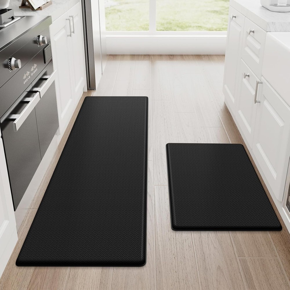 Anti-Fatigue Kitchen Mats Set - 2PC Black Cushioned Rugs 17.3x30 & 17.3x47 Inches
