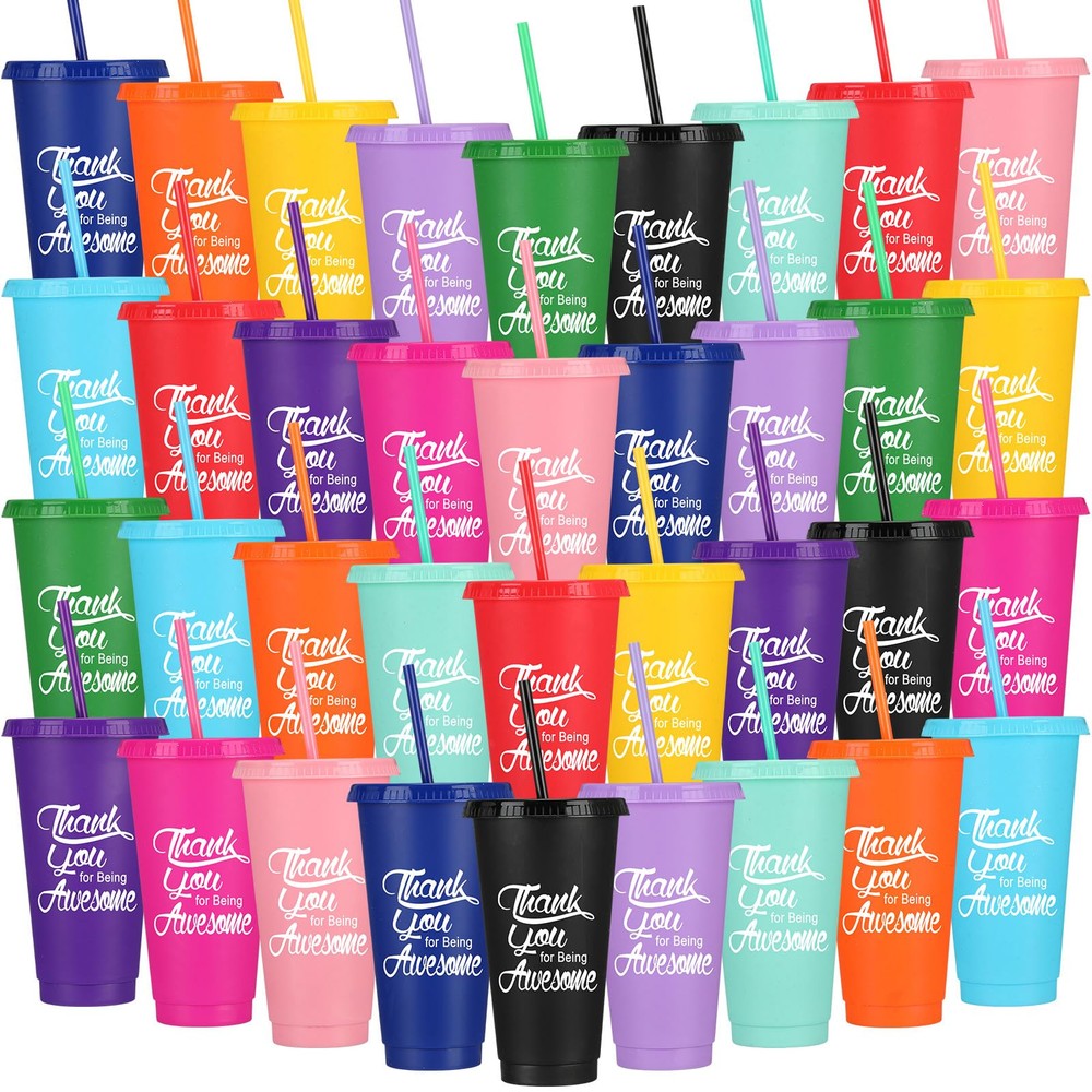 Sieral 36 piezas a granel regalos de agradecimiento 24 oz tazas de plástico tapas pajitas empleado Appre
