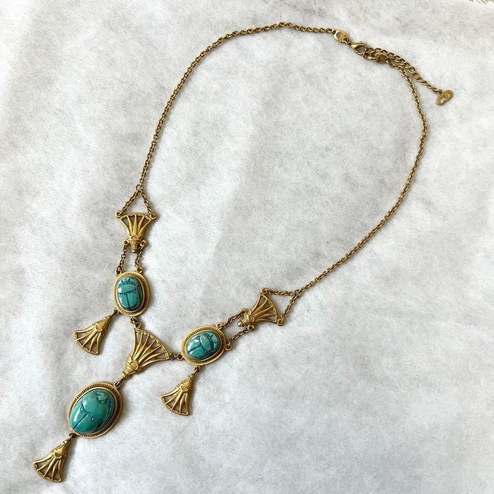 Christian Dior Necklace, Turquoise Blue and Gold, Egyptian Long Necklace, Vi...