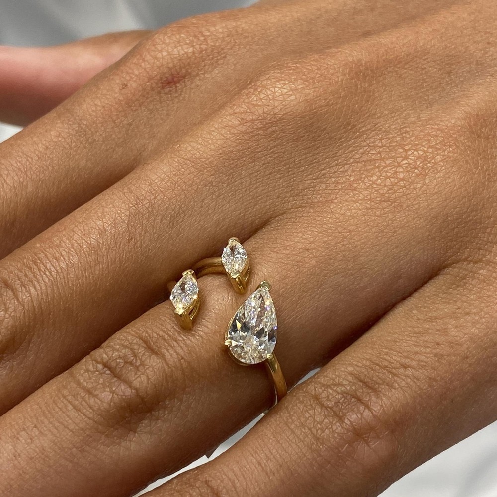 14K Yellow Gold Open Ring 1.2ct Pear & Marquise Labcreated Diamond F/VS for Her