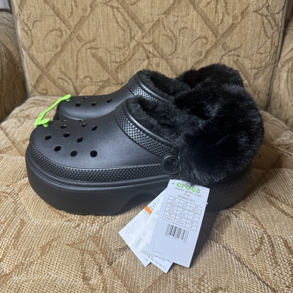 Crocs Stomp Platform Clogs Women Size 10 Black Faux Fur Comfort Slip On Shoes