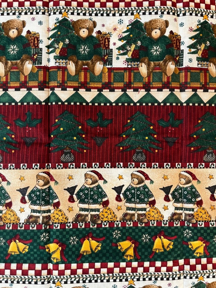 Vintage Debbie Mumm Christmas Bears Cotton Fabric Border Print 1 yd Trees Bells