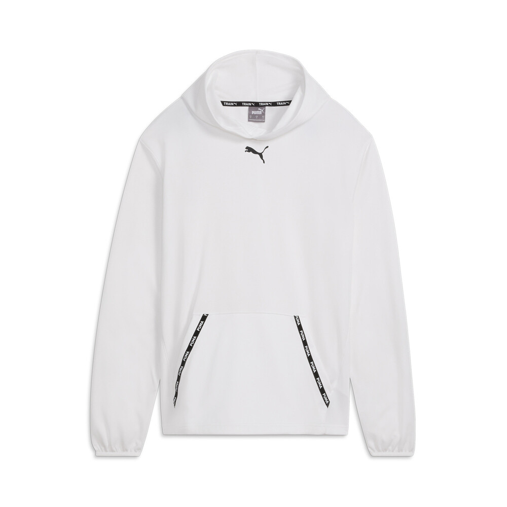 Puma Fit Taped Pwrfleece Lite Logo Pullover Hoodie Mens White Casual Outerwear 5