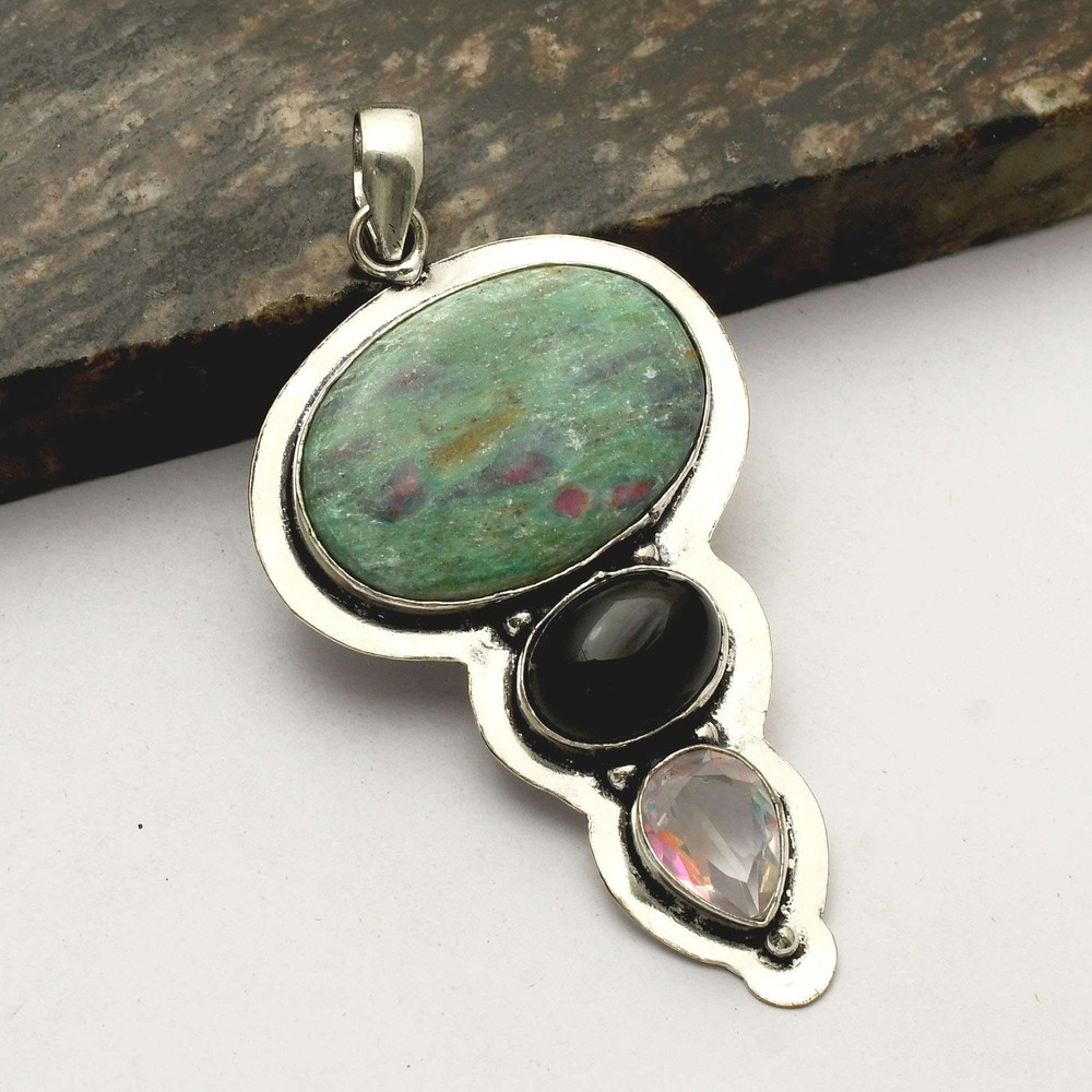 Ruby Zoisite Black Onyx Handmade Ethnic Pendant Necklace 3.2 Inch AP-31202