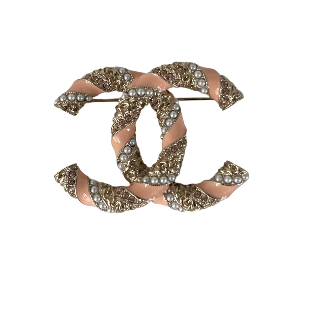Chanel Gold and Pale Pink Enamel Pearl Crystal Twisted CC Brooch