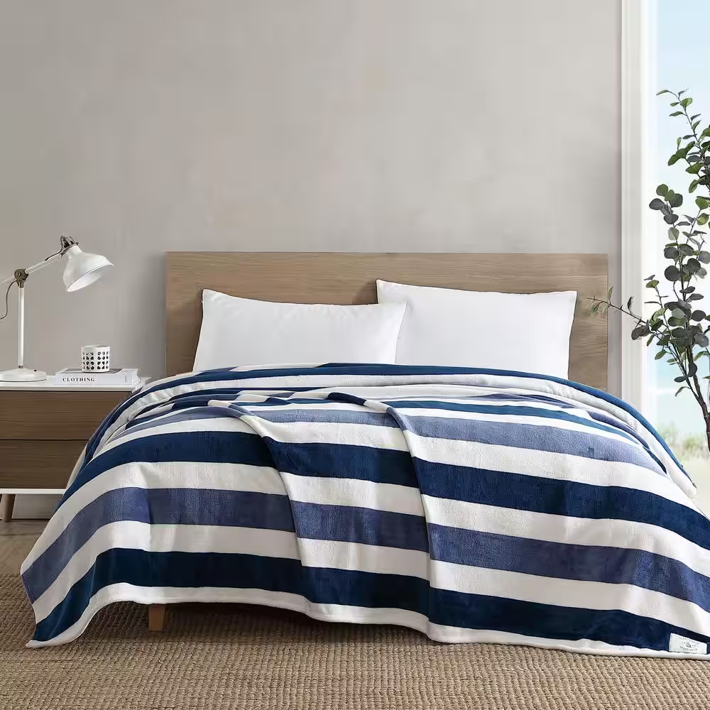 Navy Blue Awning Stripe Microfiber Blanket for Full or Queen Bed
