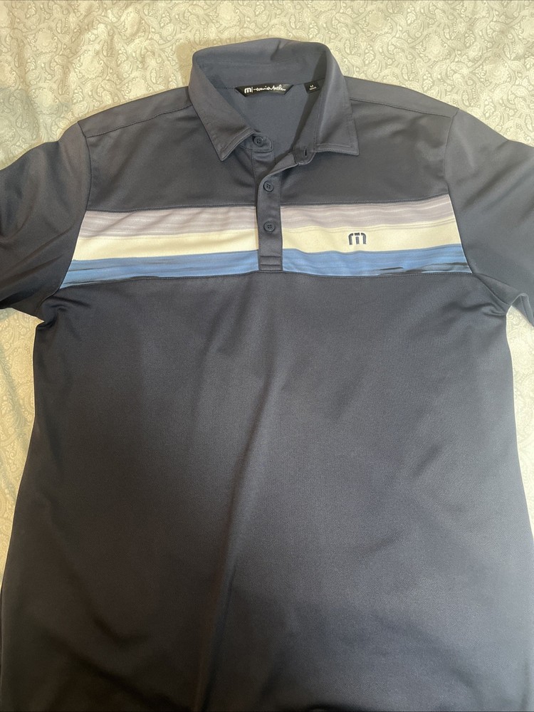 Travis Mathew Golf Polo Shirt Mens Medium Gray Blue Stripe Short Sleeve