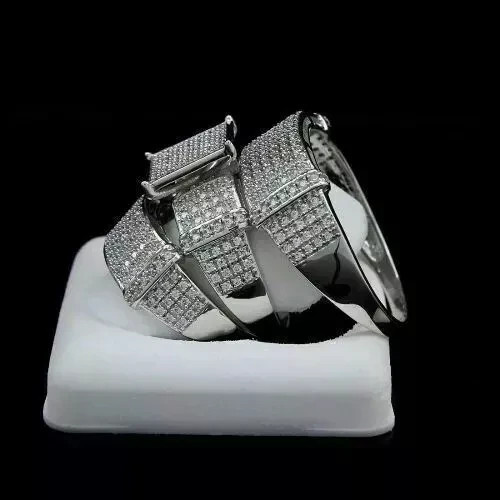 Lab Created Diamond Trio HisHer Wedding Bridal Set Band Ring 14K White Gold Over