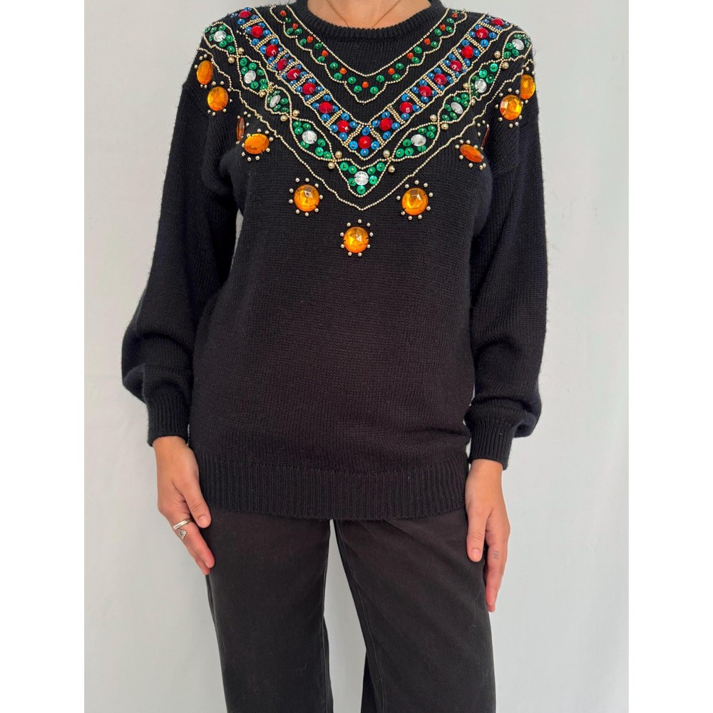 80s vintage black rainbow gems embellished jeweled funky knit sweater sz S