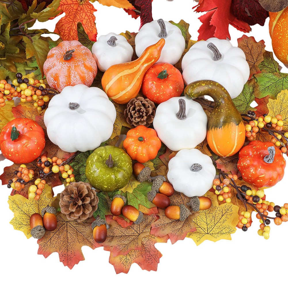 110pcs Fall Pumpkins Decor Set Artificial Pumpkin Fall Leaves Pine Cone Acorn...