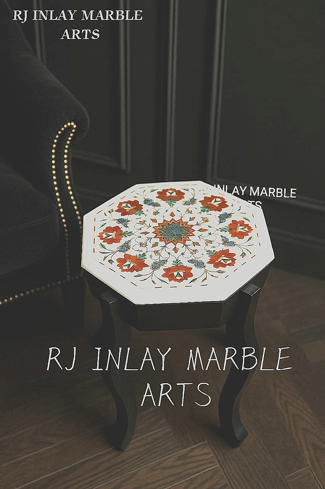 Hexagonal White Marble Inlay Table Top Fully Floral Design | Handmade Home Decor