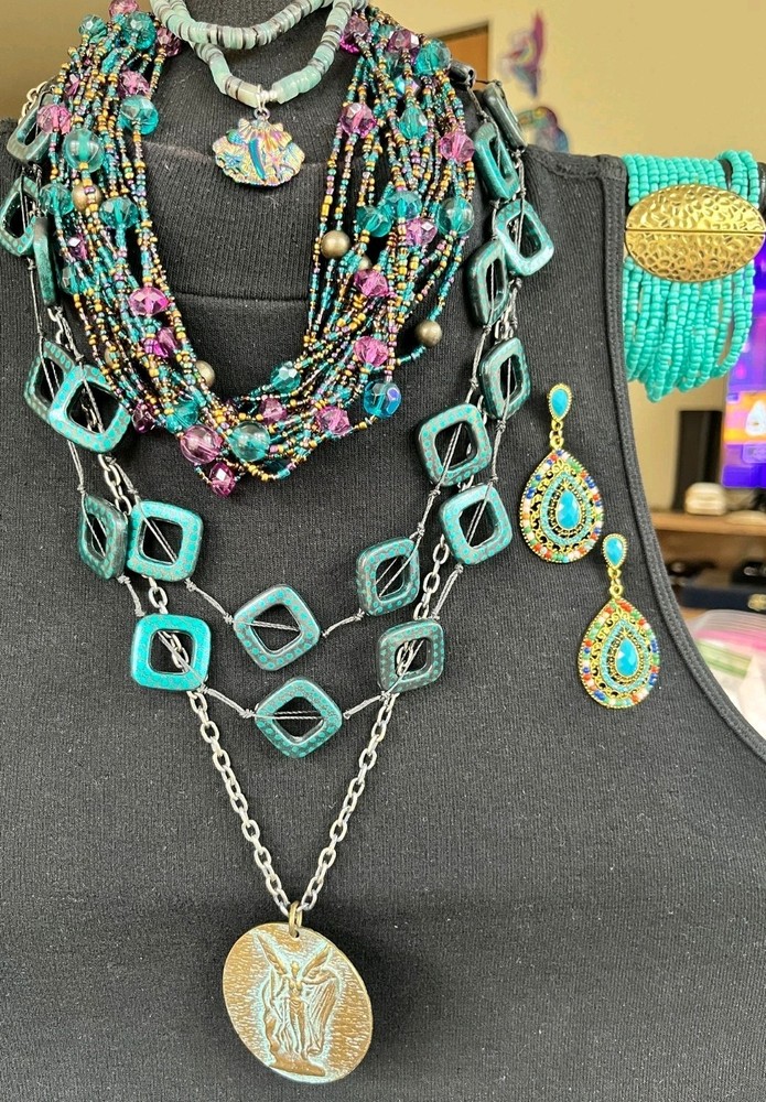 Lot Of 6 Gorgeous Necklaces Earrings & A 13 Strand Bracelet Teal Blues