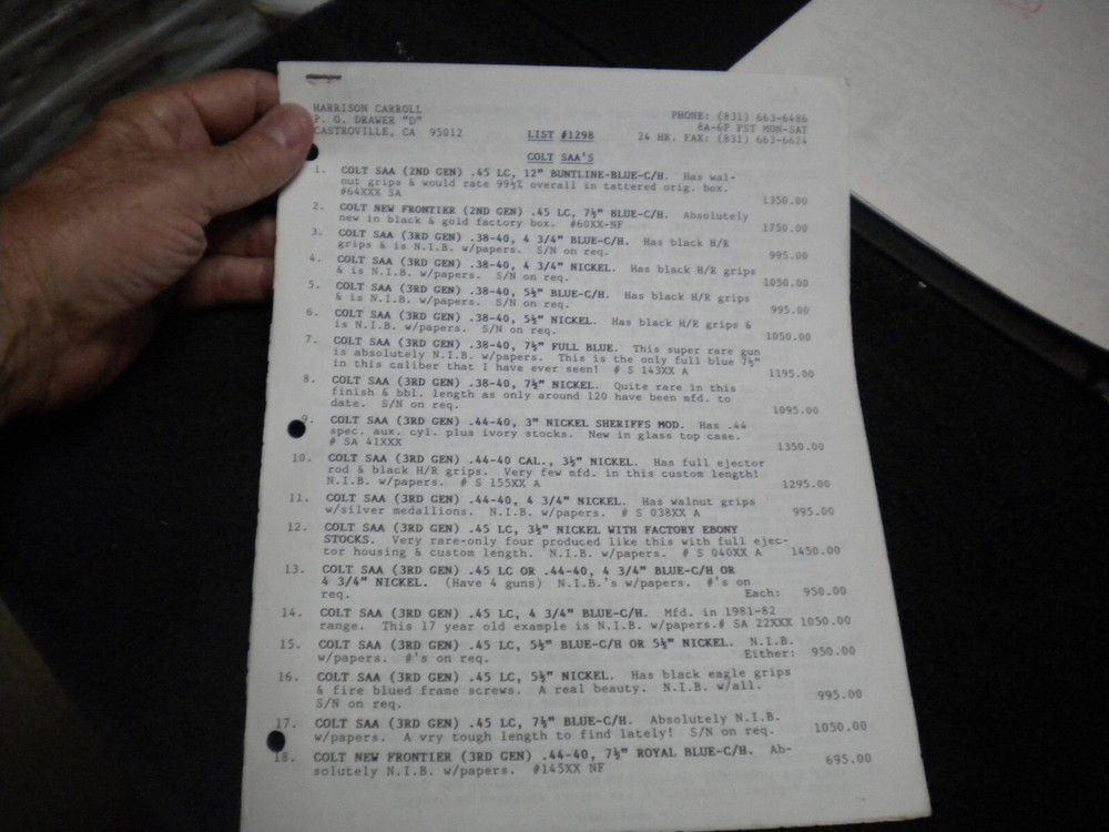 Harrison Carroll List 1298 Dec 1998  Colt SAAs,S&W, Blk powder Price List