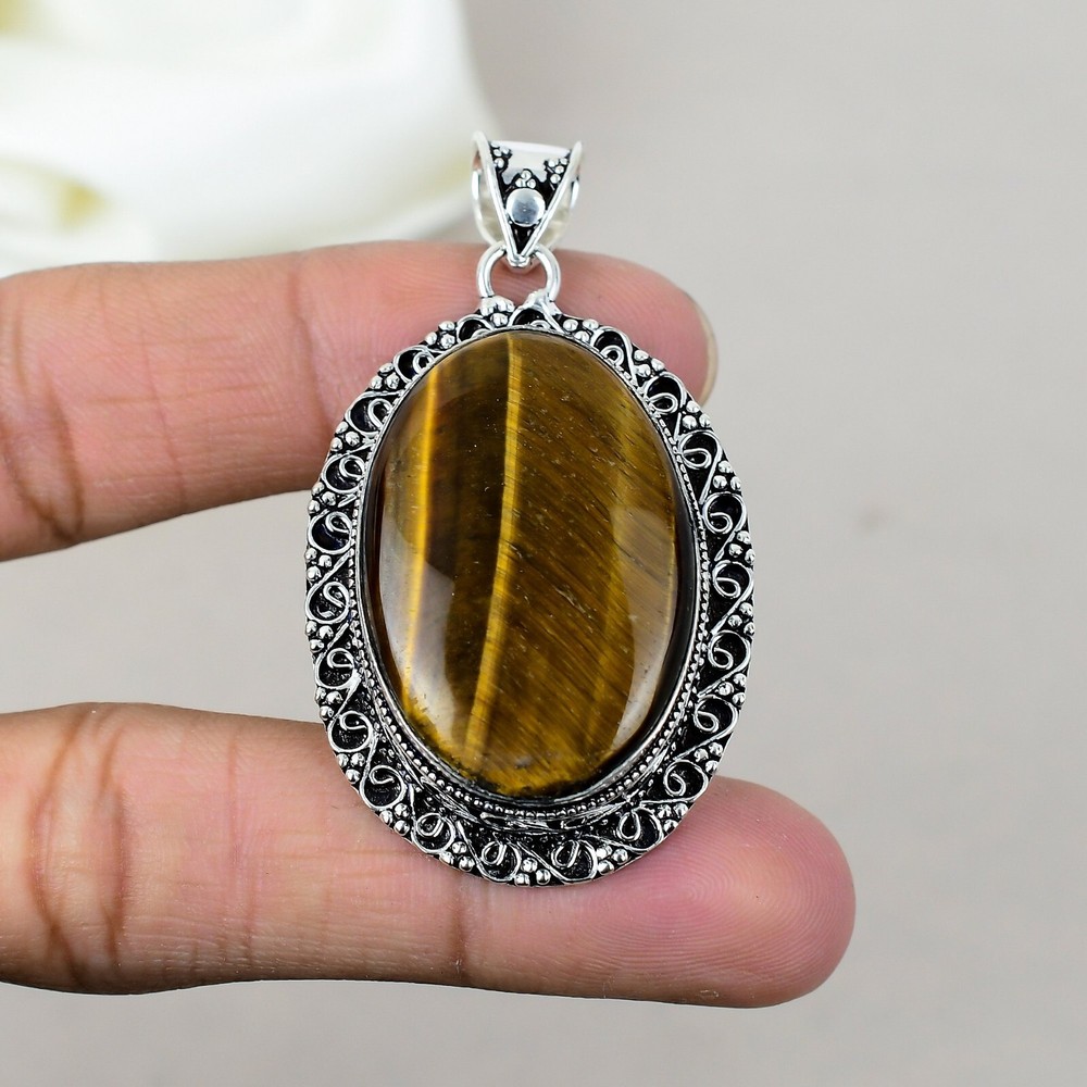 Tiger Eye Gemstone 925 Sterling Silver Statement Pendant for Bridal Gifts