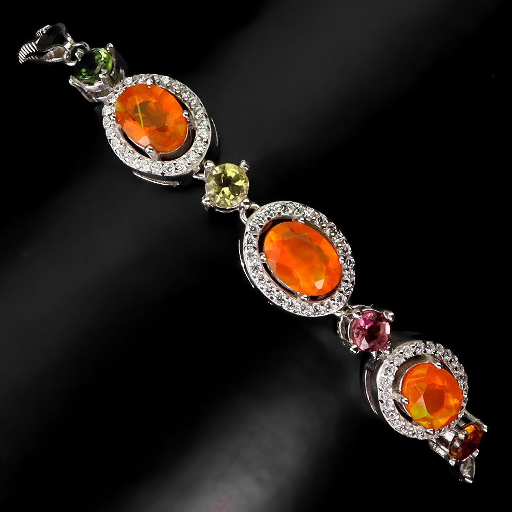 925 Silver Oval Orange Opal Tourmaline Bracelet 7in Gemstone Jewelry