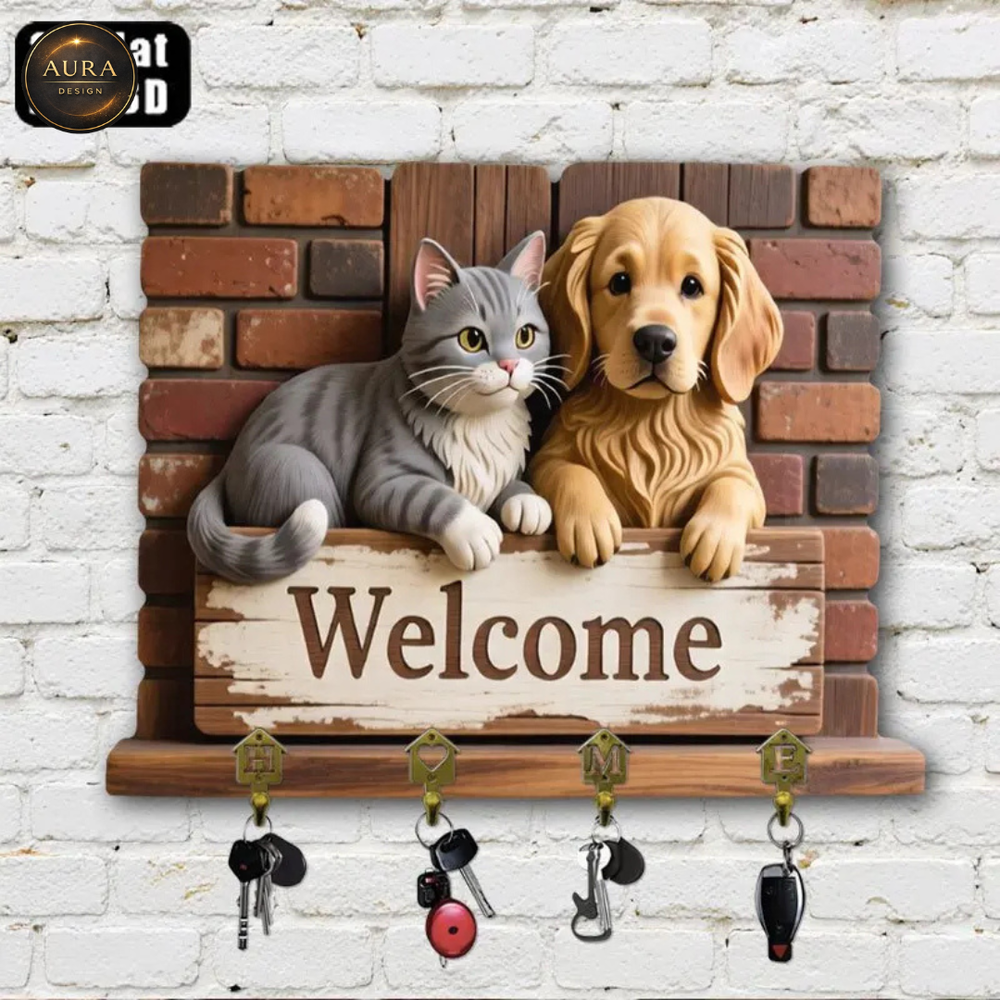 Wall Keychain 30cm - Bohemian Cats Organizer 2D 4 Hooks Entrance