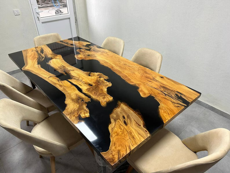 Luxury Black Epoxy Dining Table Top, Epoxy River Resin Table Top, Patio Decors