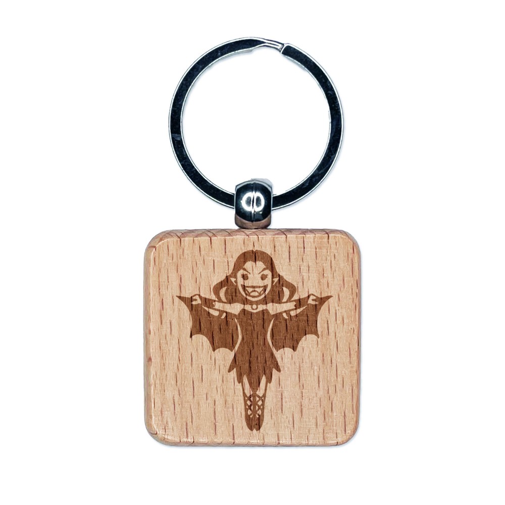 Cartoon Vampire Woman Halloween Engraved Wood Square Keychain Tag Charm
