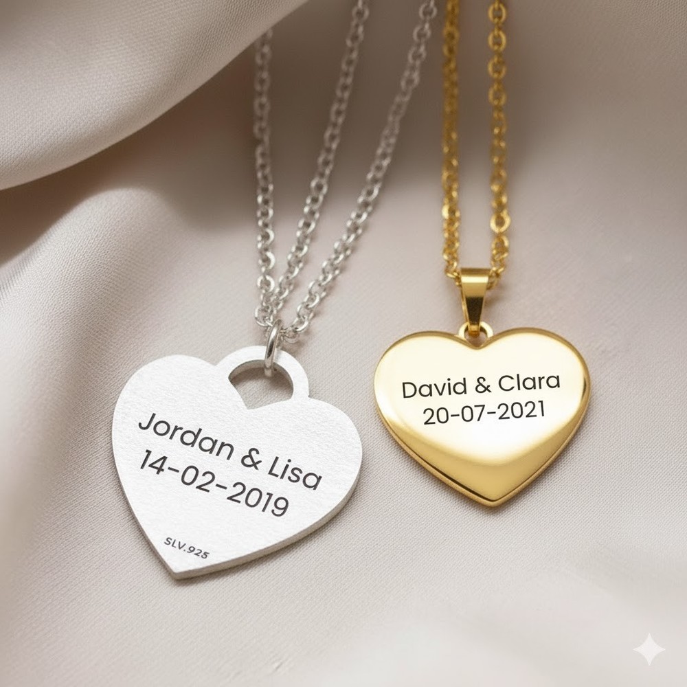 Personalised Custom Engraved Heart Necklace. Name Date Necklace. Gift for Her