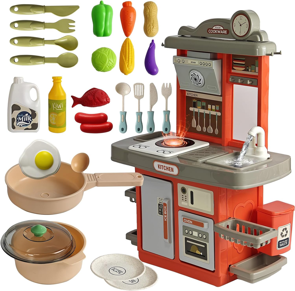 Pretend Play Kitchen Set,Kids Kitchen Playset with Realistic Lights & Sounds,Kit