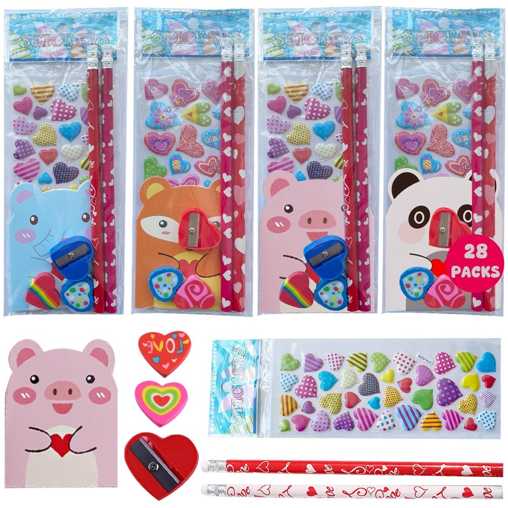 224Pcs Valentine's Day Classroom Gifts for Kids with 28 Pre-Packaged Kits and Stickers