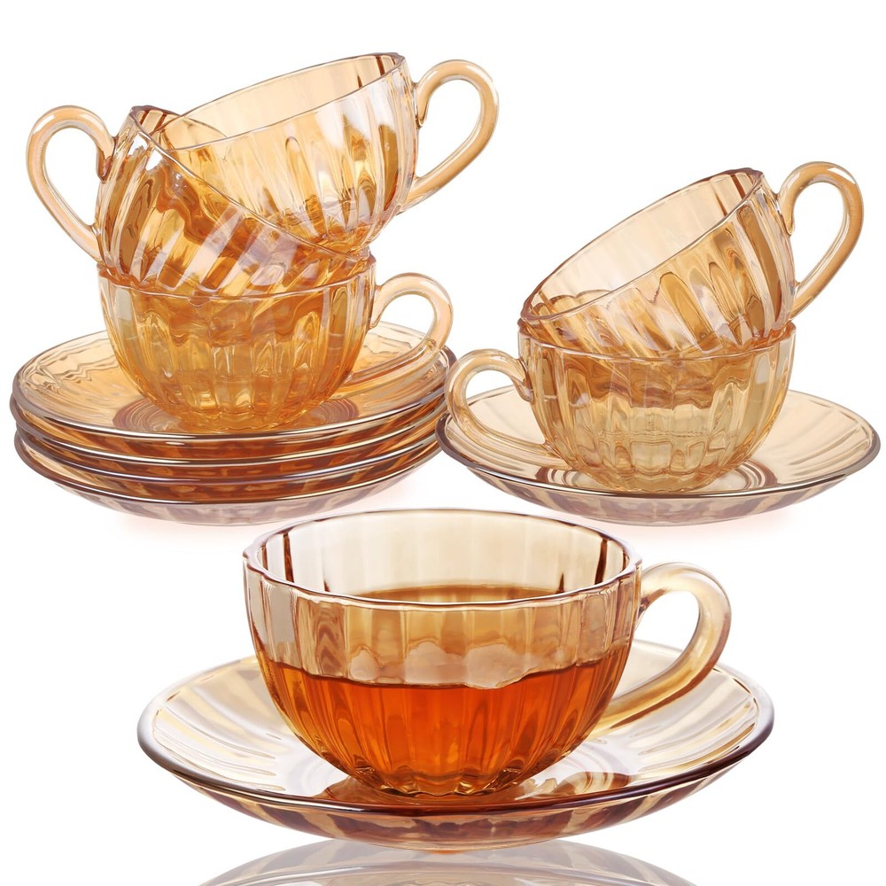Glass Tea Cups and Saucers Set of 6, Glass Coffee Mugs with Stainless Steel S...