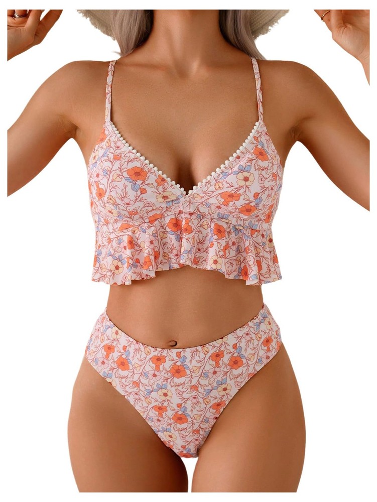 Women's 2 Piece Boho Floral Cute Tankini Set Ruffle Camisole Tops with Bottom...