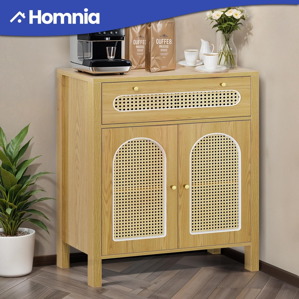 Side Cabinet Oak Furniture 3 Tier Adjustable Shelves & Drawer Storage Organizer