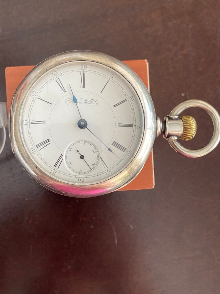 VINTAGE 18S AURORA  POCKET WATCH,  KEEPING TIME, 3OZ DUEBER NEWPORT COIN SILVER