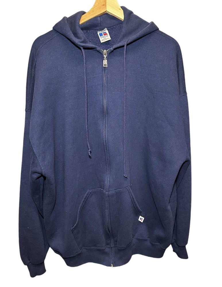 Vintage Russell Athletic Hoodie Mens 2XL Navy Blue Zip Up Blank  Made In USA