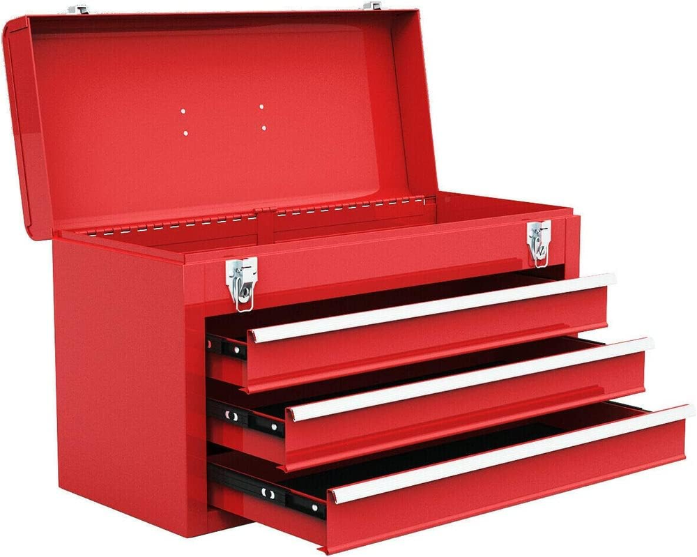 Portable Steel Tool Box, 20.5'' Toolbox W/ 3 Drawers & Top Storage Tray, Tool St