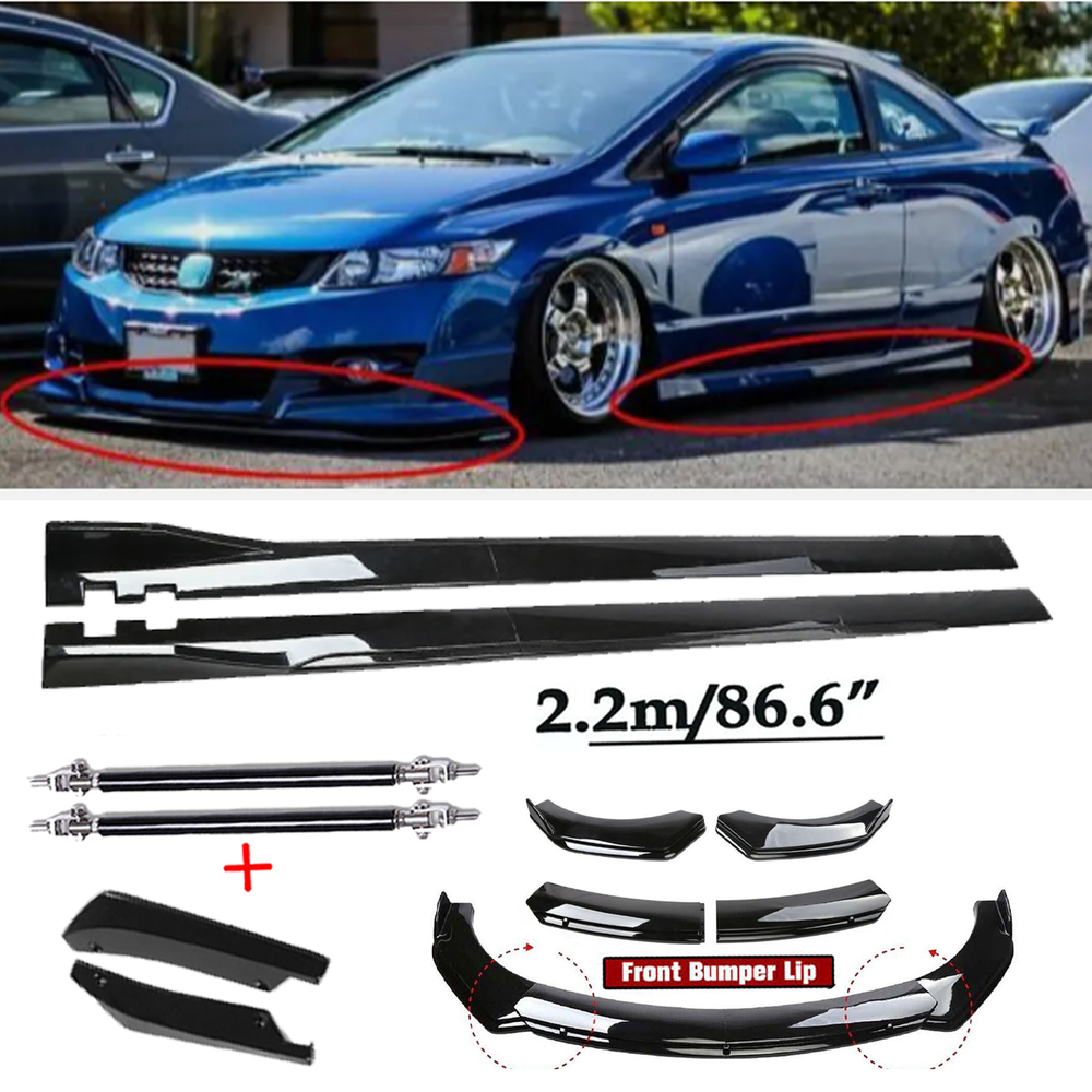 For Honda Civic SI Coupe Front Bumper Spoiler Body Kit /Side Skirt Glossy Bla