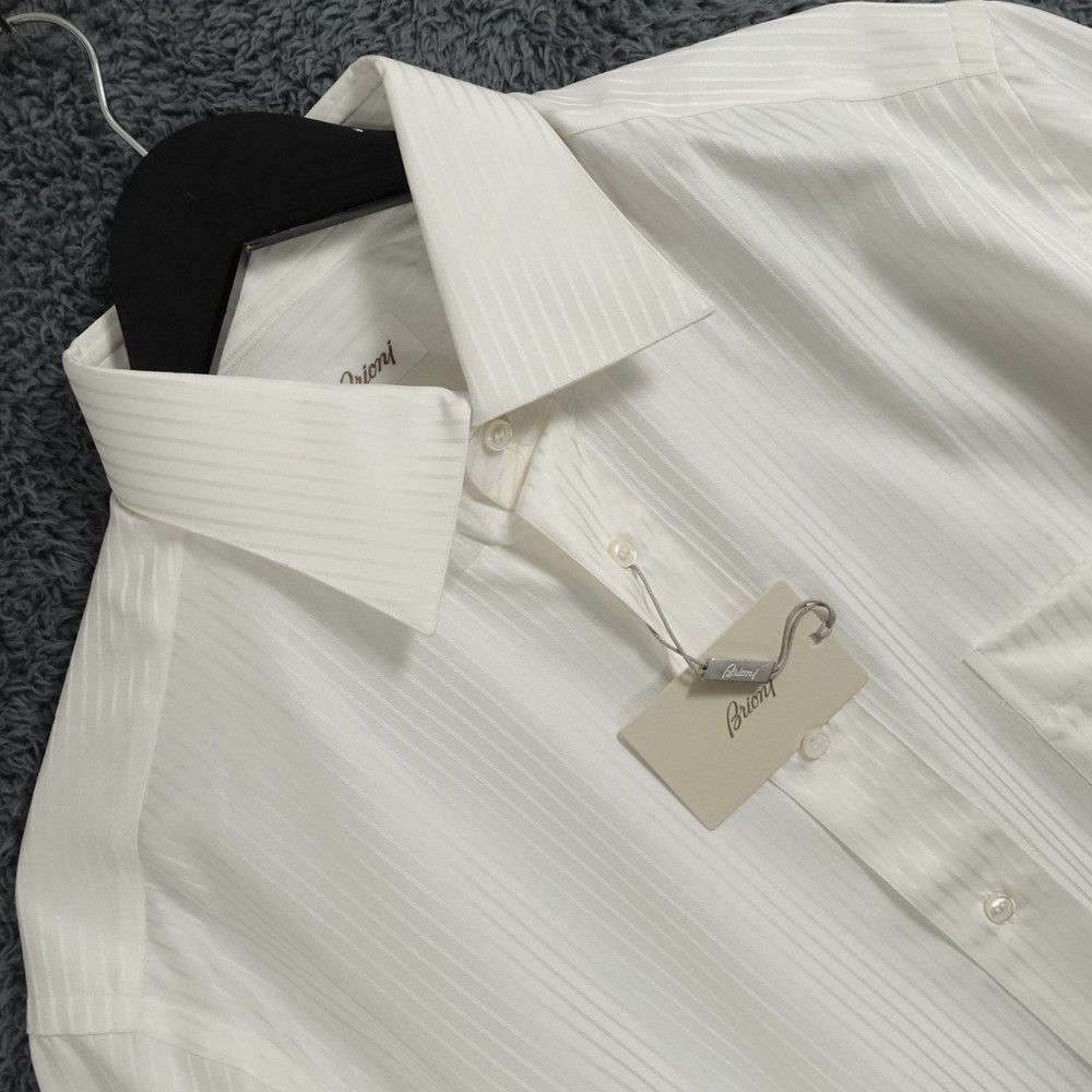 Brioni Shirt Mens 17.5 White Stripe Silk Cotton Short Sleeve Luxury Golf Formal