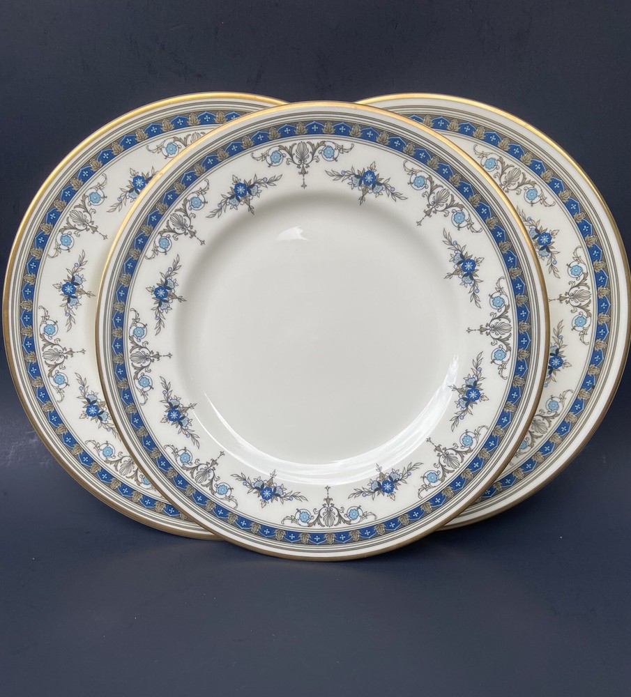 3 Vintage 1973 Minton GRASMERE BLUE Salad Plates Gold Trims