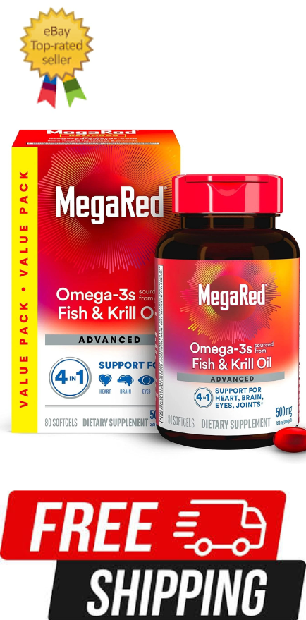 MegaRed 6X Advanced Absorption Omega-3 Fish Oil 500mg 80 Softgels with Free Shipping