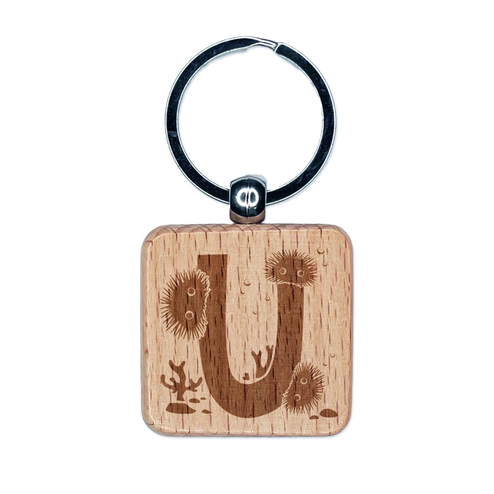 Alphabet Letter U Urchin Wooden Keychain Tag Charm Engraved Animal Theme