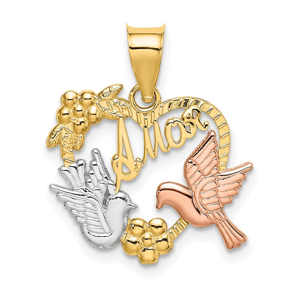 14k Two-Tone Gold White Rhodium Plated AMOR Heart Doves Charm Pendant 1.46g