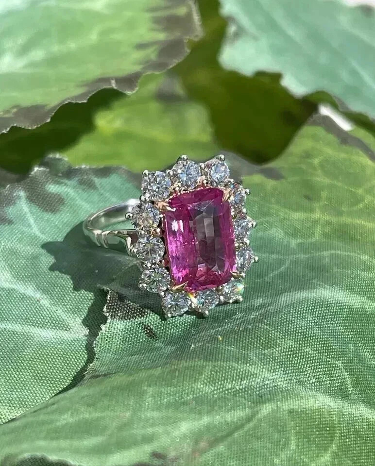 4.65 Ct Radiant Cut Natural Pink Sapphire Diamond Ring 14K White Gold