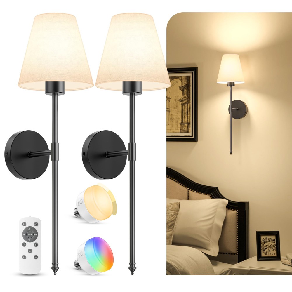 Battery Operated Wall Sconces Set of Two, Wireless Wall Sconces with Remote a...