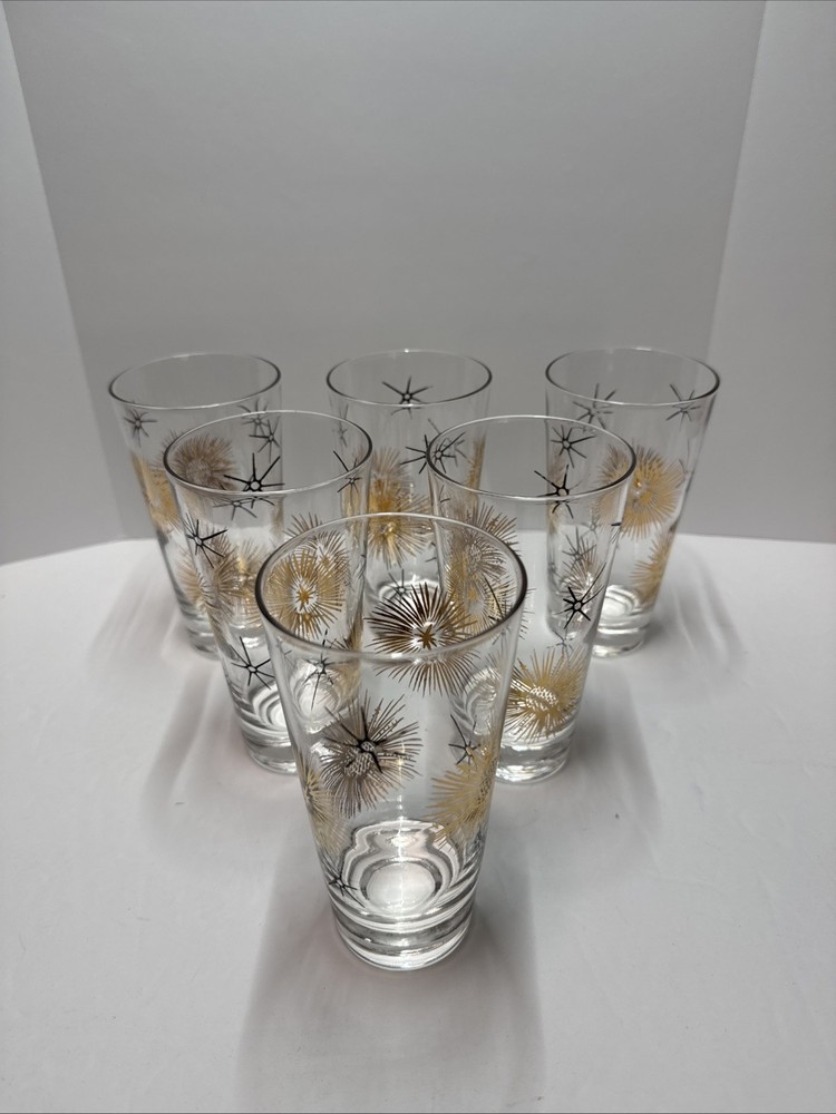 Lot Of 6 - Vintage MCM Glass Atomic Starburst Glasses Tumblers -  Gold Black