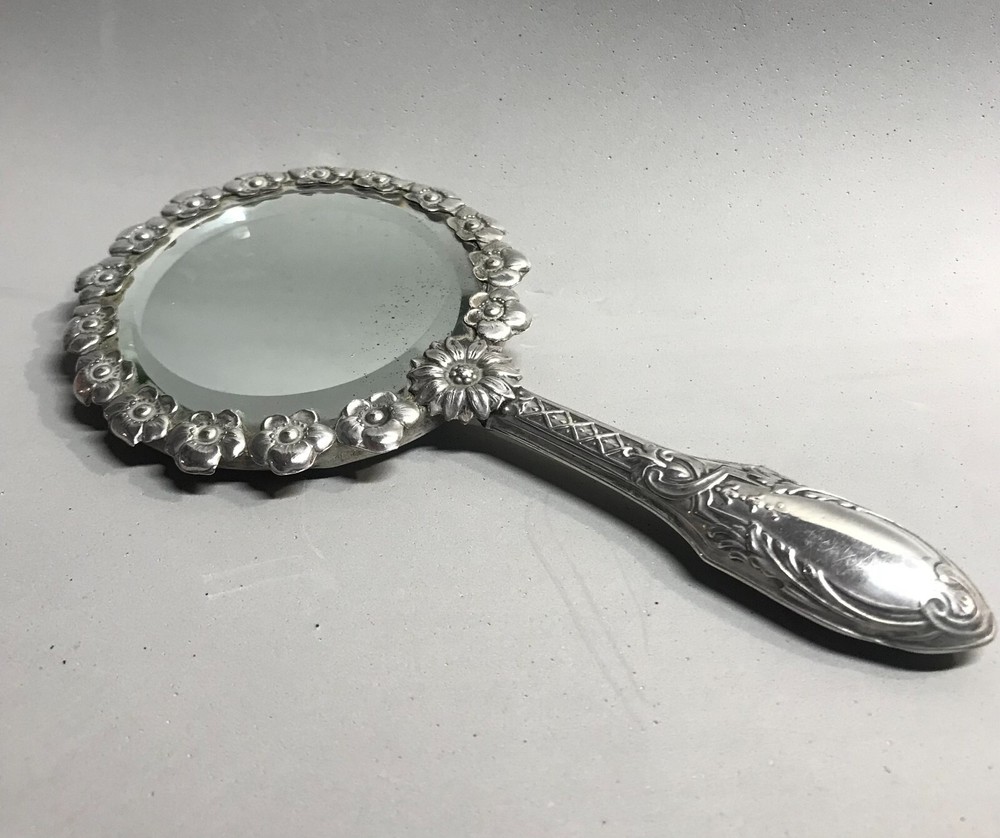 Antique Silver Mirror Portuguese Small Purse Size Victorian Beveled Purity 830