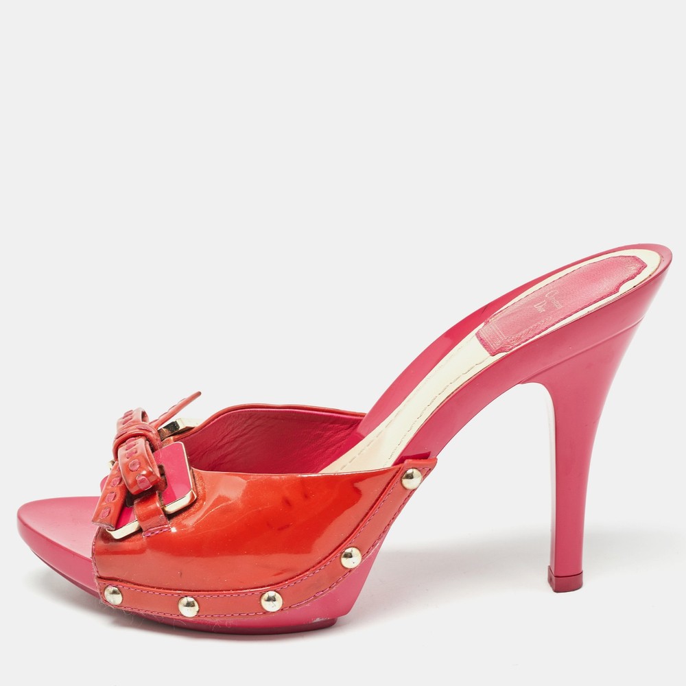 Dior Pink Patent Leather Bow Slide Sandals EU 36