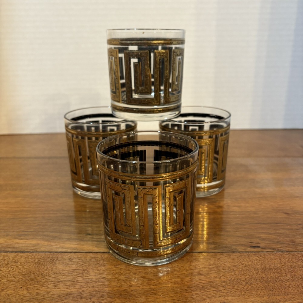 Vtg Set Of 4 Culver Gold Greek Key Rocks/Lowball/Double Old Fashion Glasses MCM