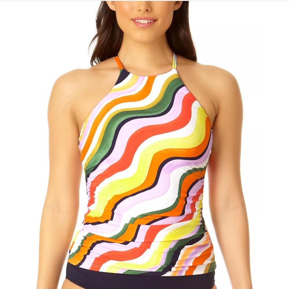 Anne Cole Women Multicolor Wavy High-Neck Strappy-Back Swim Tankini Top Size M