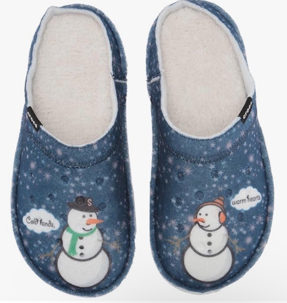 NEW Rare Crocs 204565 Classic Slipper Winter Snowman Blue Fuzzy Women's Size 7