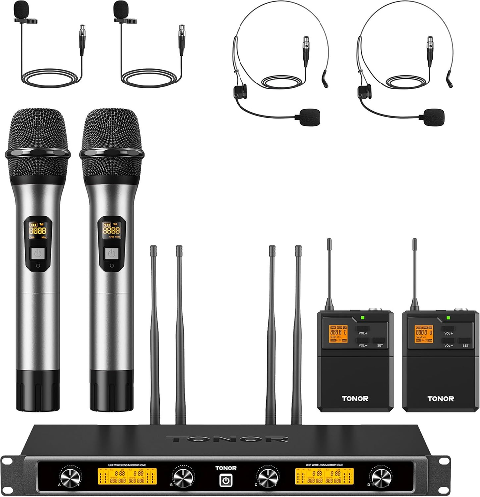 UHF Wireless Microphone System with Metal Handheld Headset and Lavalier Mic