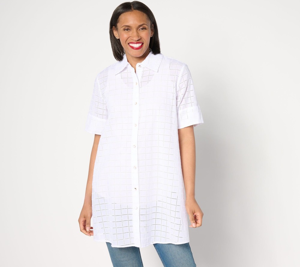 Dennis Basso Women's Top Sz XL Button Front Eyelet Duster White A650051