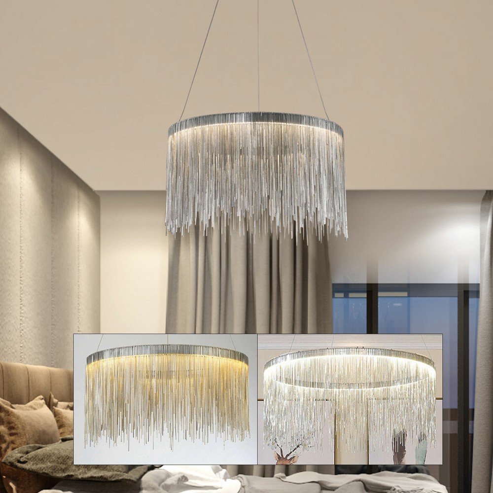 Luxury Modern LED Dimmable Linear Chandelier with Chrome Chain and Tassels