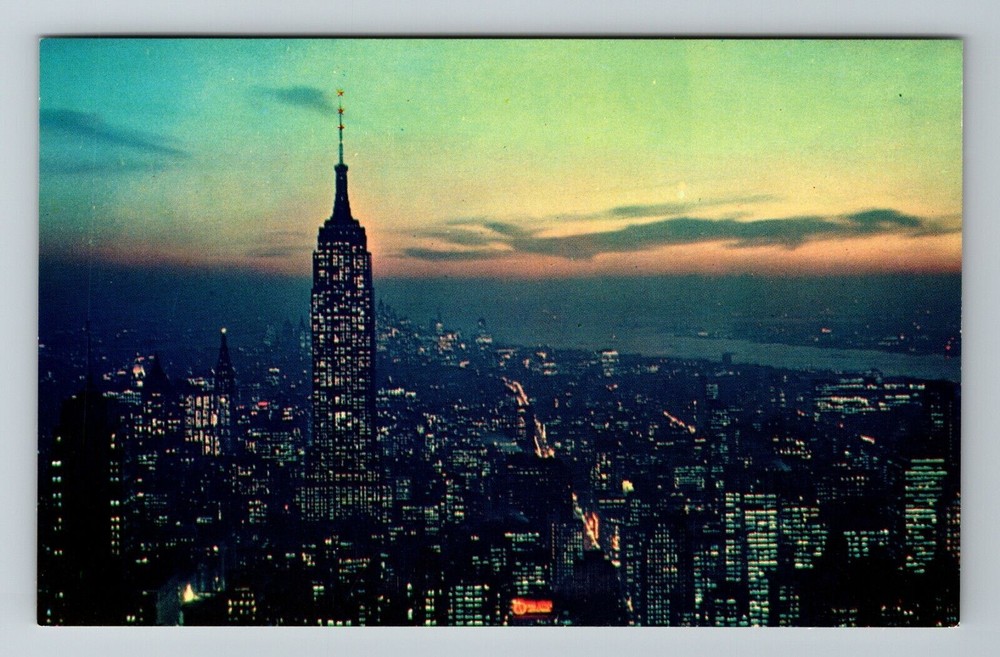 Vintage NYC Empire State Building Night City View Postcard